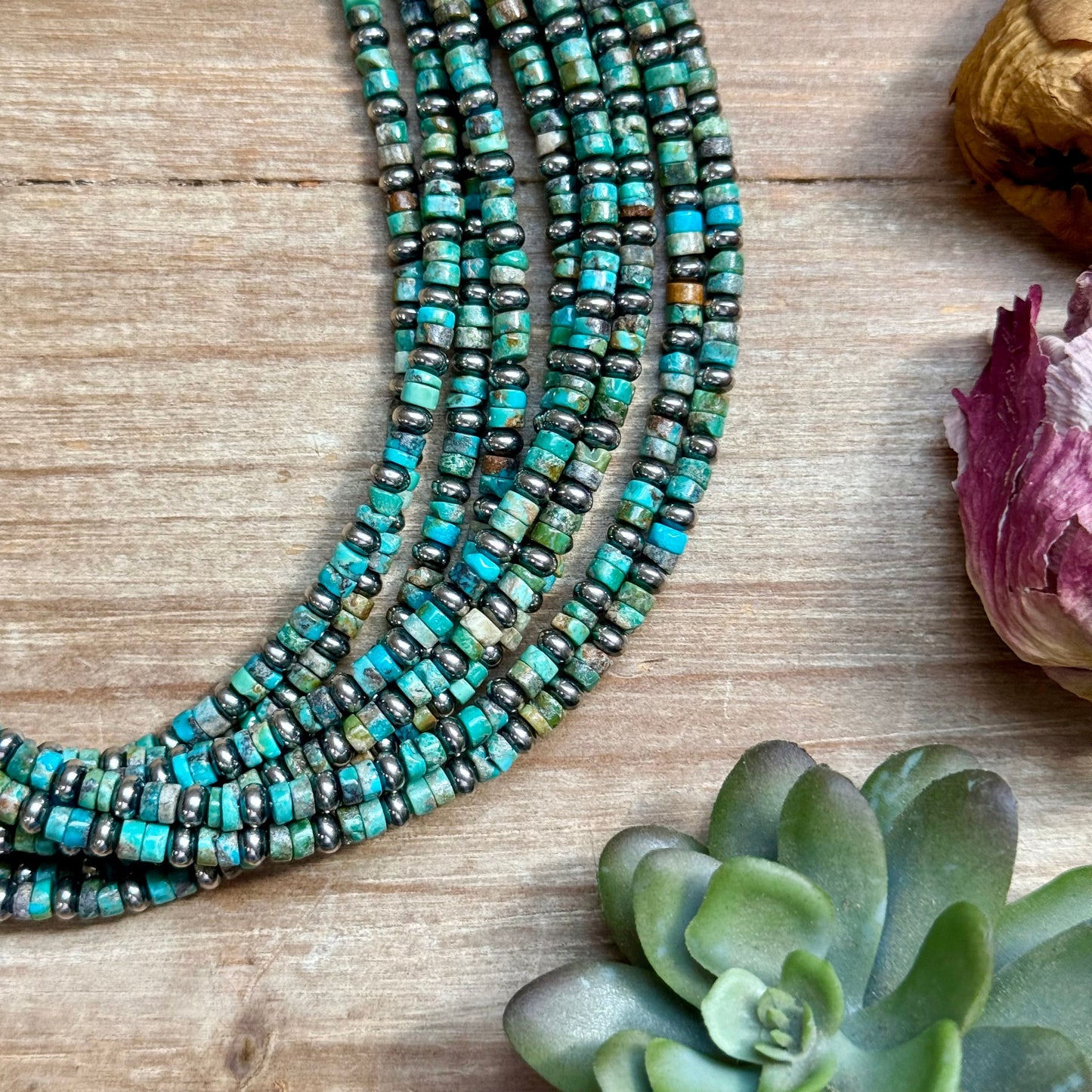 14” Turquoise Heishi & Sterling Silver Saucer Necklace
