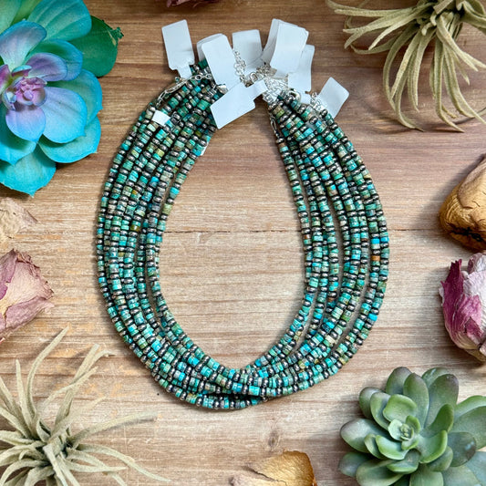 14” Turquoise Heishi & Sterling Silver Saucer Necklace