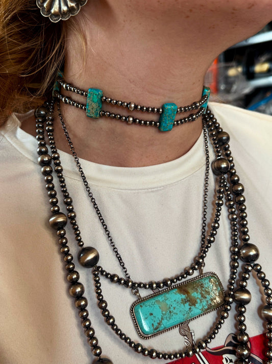 Pink/blue Double Strand Necklace – 13” Beaded – Sterling Silver Pearls & Rectangle Variscite