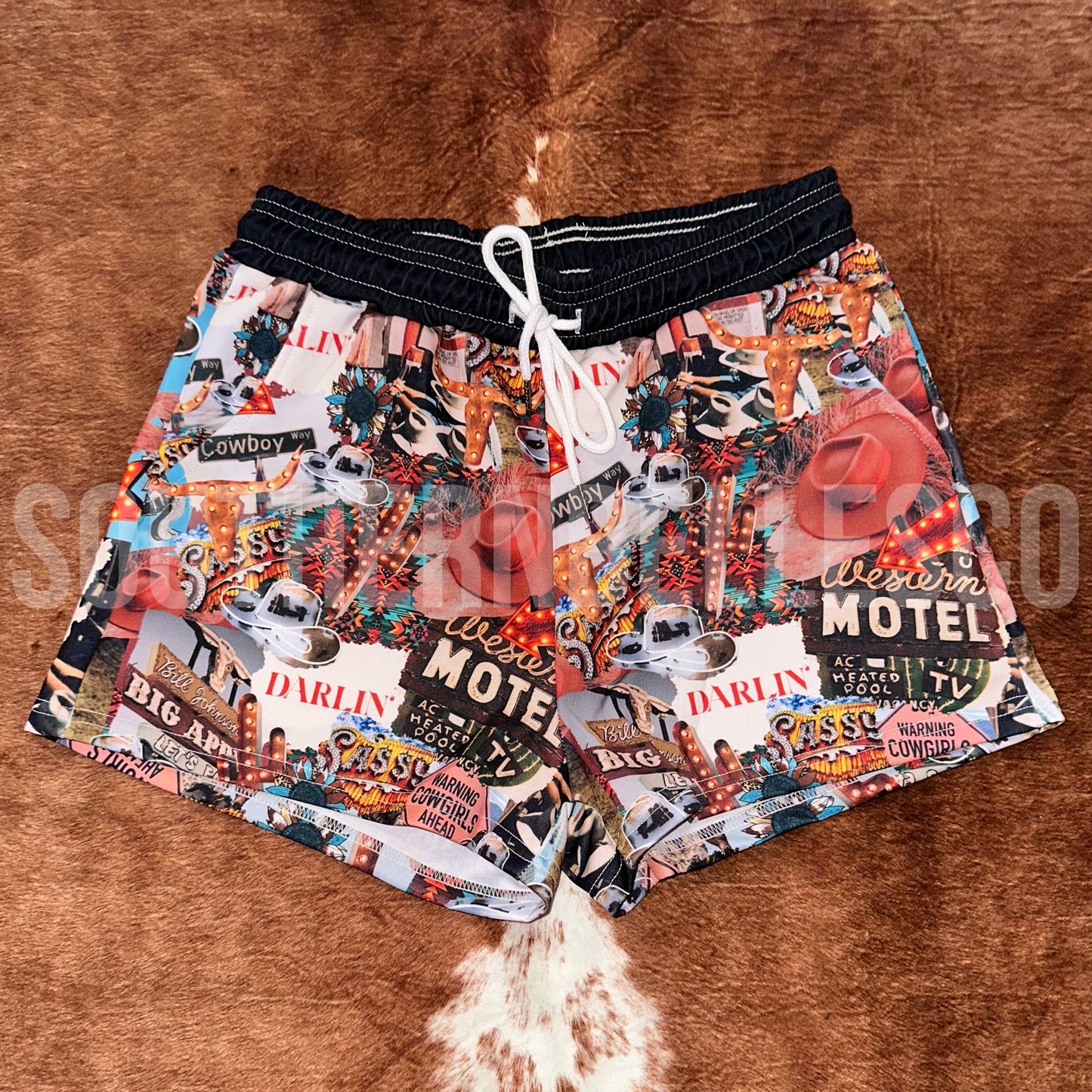 SIZE MEDIUM Western Motel Collage Shorts