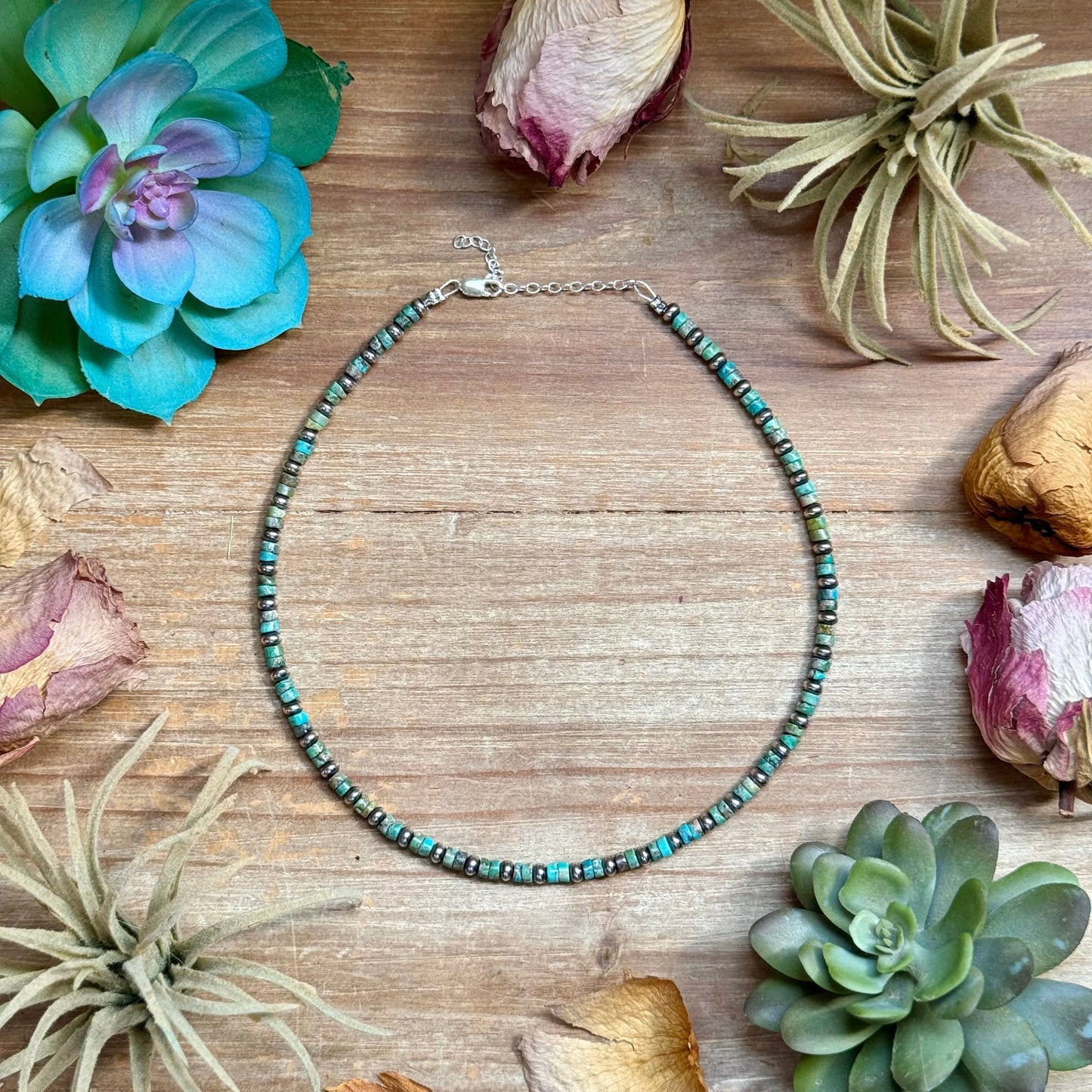 14” Turquoise Heishi & Sterling Silver Saucer Necklace