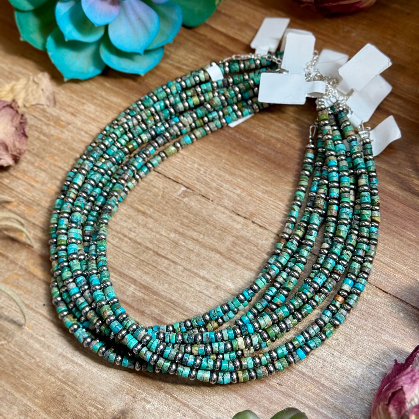 14” Turquoise Heishi & Sterling Silver Saucer Necklace