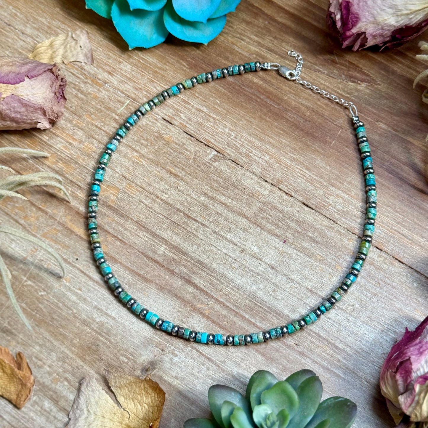 14” Turquoise Heishi & Sterling Silver Saucer Necklace
