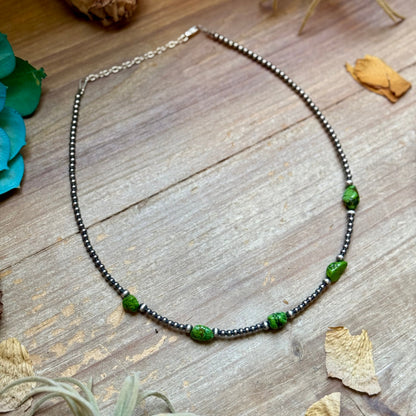Green Nugget Turquoise & Sterling Silver Pearl Necklace