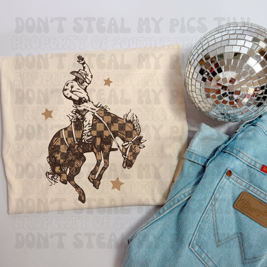 PREORDER Checkered Bronc Tee/Crew (SHIPS TO ME: 20-24 BUSINESS DAYS AFTER 7/31)